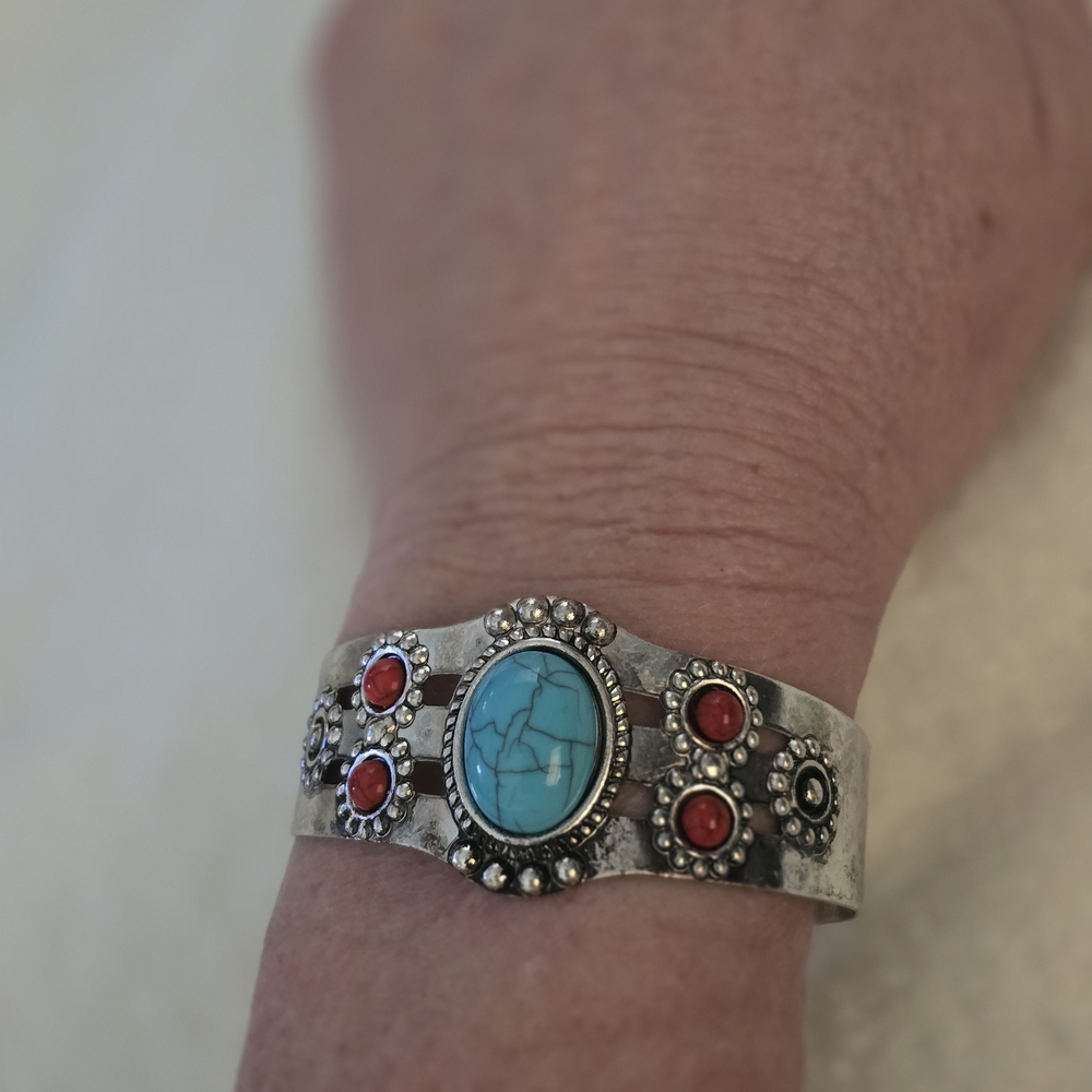 Turquoise and Red Coral Silver Bracelet